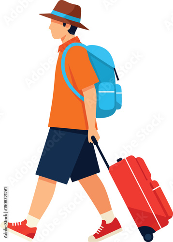 A young male tourist in a fedora hat walking with a blue backpack and pulling a red suitcase.