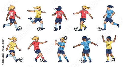 Diverse group of female soccer players in dynamic action poses