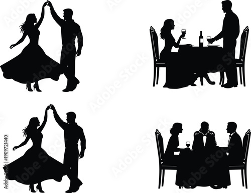 Romantic couple dancing silhouette, dinner date illustration, social gathering people dining together, black vector icons of love and friendship