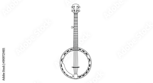 Black and white banjo music instrument flat illustration with clean lines