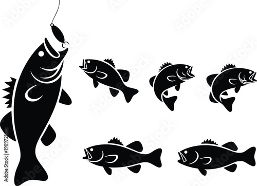 Aquatic fish silhouette collection illustration isolated on white background, fishing lure bass trout angling wildlife design elements vector set graphic
