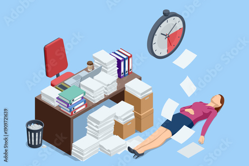 Isometric office worker overwhelmed by task and report. Deadline panic and burnout concept. Strict deadline and office stress. Time management and deadline workload