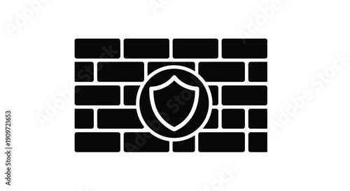 Black flat shield icon on brick wall background, minimalist symbol vector