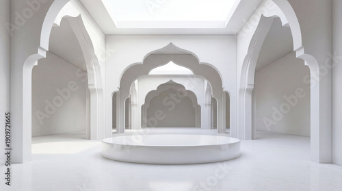 Minimalist White Islamic Architecture with Circular Podium for Product Display and Ramadan Greetings
