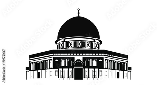 Black silhouette of the Dome of the Rock mosque in Jerusalem, Israel, with a large central dome and arched columns, in a minimalist flat design style