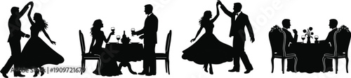 Romantic couples silhouettes dancing and dining together, elegant black figures depicting love, date night, social interaction, celebration moments
