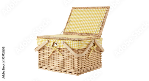 Wicker picnic basket with yellow gingham lining isolated PNG, traditional hamper for outdoor dining and summer events on transparent background