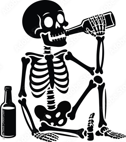 A skeleton sitting and drinking from a bottle with another bottle nearby