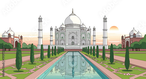 Stunning Taj Mahal at sunset with reflection in serene garden pool