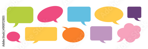 Colorful speech bubbles in various shapes and sizes on white background