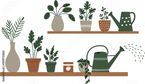 Two wooden shelves with various potted plants and gardening tools on a white background