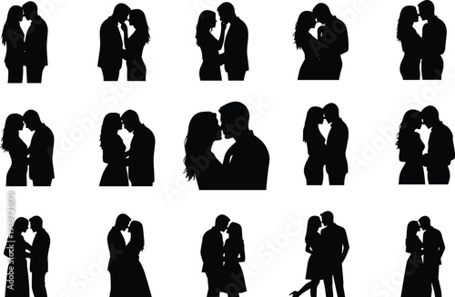 Romantic couples silhouettes embracing, kissing, touching foreheads, intimate poses, love relationship concept, black figures isolated on white background
