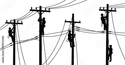 Silhouette of utility line workers climbing poles with safety gear, maintaining electrical infrastructure and repairing power transmission lines