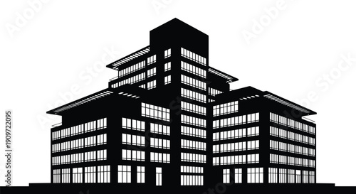 Modern office building silhouette with many windows against white background