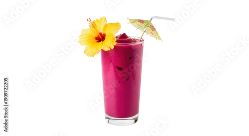 Pink smoothie in glass isolated PNG, garnished with yellow hibiscus flower and paper umbrella, tropical drink for summer