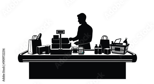 Black silhouette of a man working at a grocery store checkout counter with various items