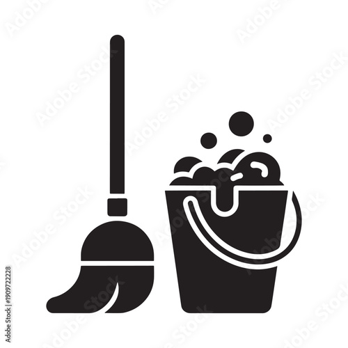 Cleaning supplies a bucket mop and bubbles in a simple design