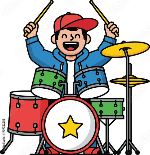 Cartoon boy with a red cap joyfully playing a colorful drum kit with a star.