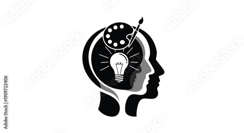 Minimalist black silhouette of human head with lightbulb and paintbrush inside