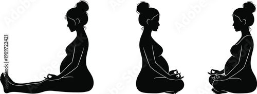 Silhouettes of pregnant women practicing prenatal yoga meditation poses, relaxation exercise for pregnancy wellness, healthy motherhood lifestyle illustration