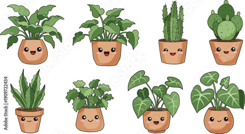 Eight cute cartoon terracotta pots with various green houseplants on white background