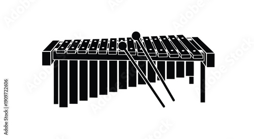Black silhouette of a xylophone on a white background with two mallets