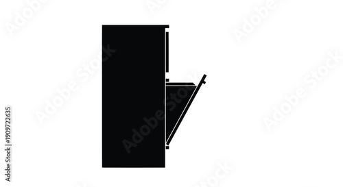 Black silhouette of a window with an open shutter, minimalist profile against a white background