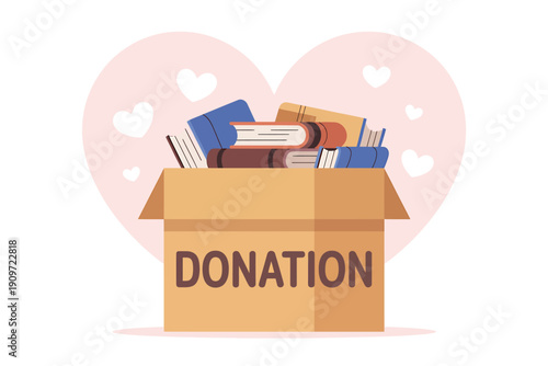 Donation box filled with books in front of heart with hearts
