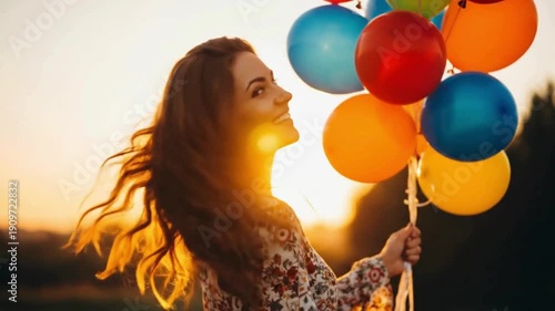 Young woman smiling and holding colorful balloons during golden hour sunset