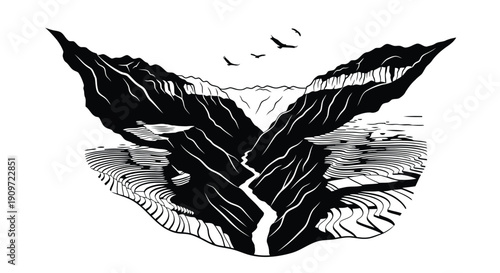Black silhouette of a whale jumping out of the water with mountains in the background, illustration