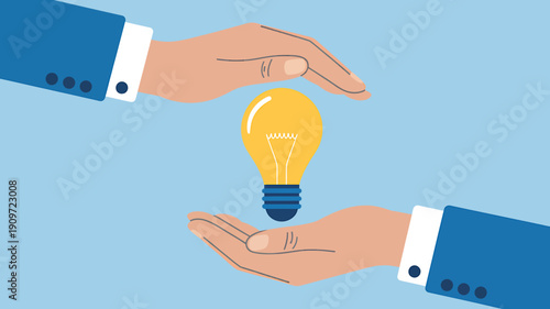 Hands protecting a light bulb idea concept on blue background  business innovation