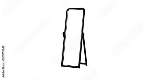 Black metal standing mirror silhouette, minimalist design, flat profile, backlighting effect