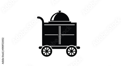 Minimalist black silhouette of a food cart with a covered dish on top