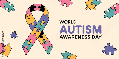 World Autism Awareness Day colorful puzzle pieces ribbon symbol