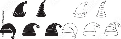 Christmas Elf Hat Designs: An assortment of playful elf hat designs, showcasing both solid and outlined styles, perfect for seasonal crafting and festive designs.