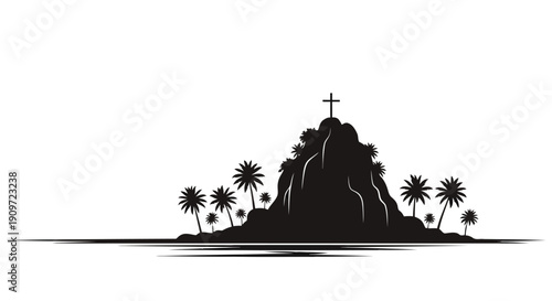 Tropical island silhouette with cross on rocky hill and palm trees