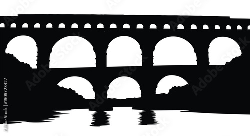 Black silhouette of ancient stone bridge with arches over water, minimalist flat design