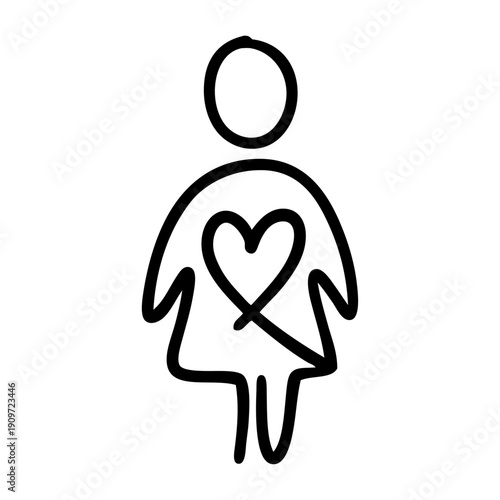 Dibujo sencillo con una única línea de mujer de pie con corazón para tarjetas y felicitaciones de San Valentín