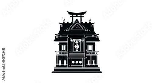 Traditional Japanese temple building silhouette with pagoda roof and torii gate