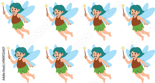 Cute fairy boy flying with magic wand, smiling cartoon sprite character set, fantasy illustration for kids, nursery and storybook design