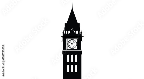 Black silhouette of a clock tower with a spire and pointed roof against a white background