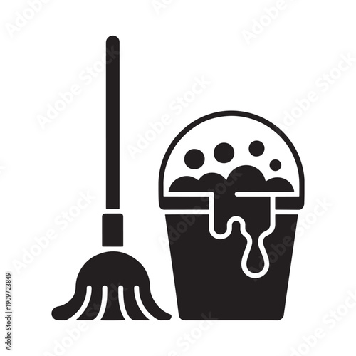 Black silhouette of a bucket mop and soapy water for cleaning