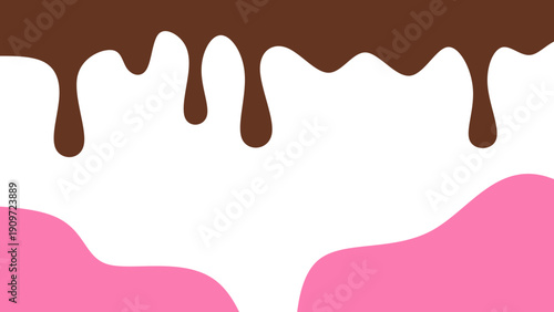 Sweet melting chocolate and pink strawberry icing glaze background. Dripping liquid syrup or sauce vector illustration for dessert menu, donut glaze, or food packaging.