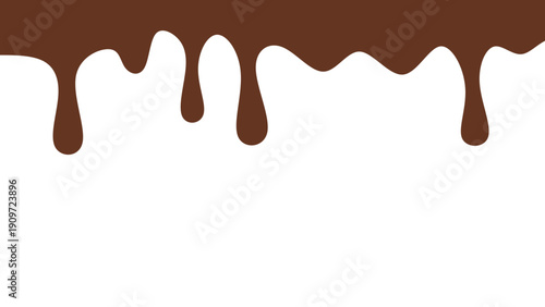Melted chocolate or syrup drips isolated on a white background. Flowing liquid chocolate border element. A sweet brown syrup or sauce that melts and drips.