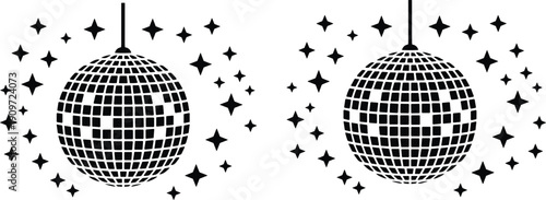 Disco ball silhouette set hanging isolated on white background, retro party mirror sphere illustration for nightlife, music, celebration design projects
