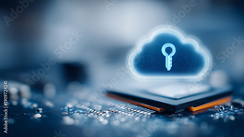 Cloud security key icon above microchip representing encrypted data storage and secure access control.
