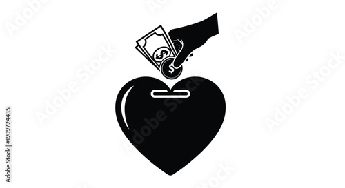 Black heart shape silhouette with hand putting money inside, minimalist flat design