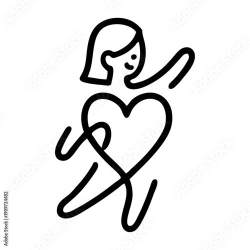 Dibujo sencillo con una única línea de mujer de pie con corazón para tarjetas y felicitaciones de San Valentín	