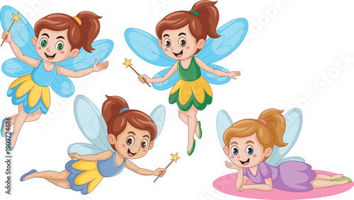 Cute fairy girl characters with wings and magic wand in playful poses, colorful cartoon fantasy illustration for kids and storybook design
