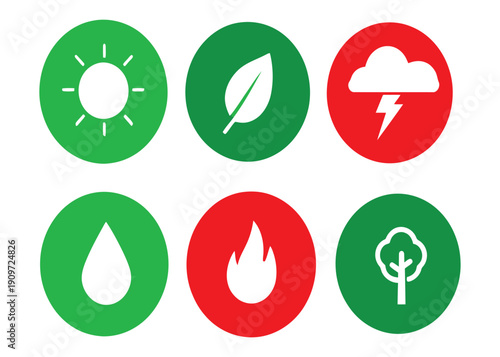 Collection of Natural Elements Icons Representing Sun, Leaf, Storm, Water, Fire, and Tree